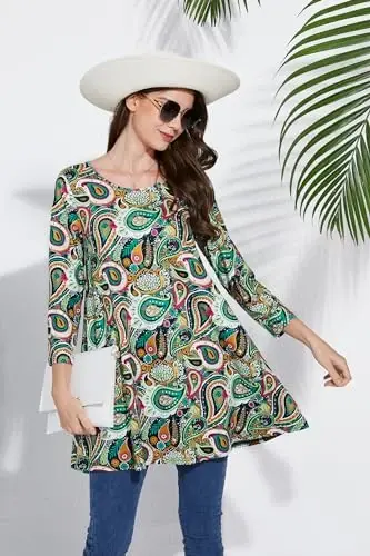 ENMAIN Women's Tops Plus Size Tunic Tops 3/4 Sleeve Flare Hem Paisley Print Loose Fit Casual Blouse to Wear with Leggings - 6