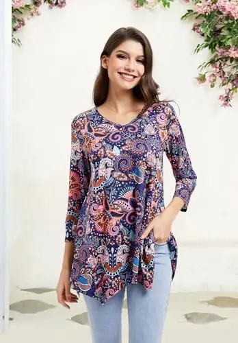 ENMAIN Women's Tops Plus Size Tunic Tops 3/4 Sleeve Flare Hem Paisley Print Loose Fit Casual Blouse to Wear with Leggings - 5