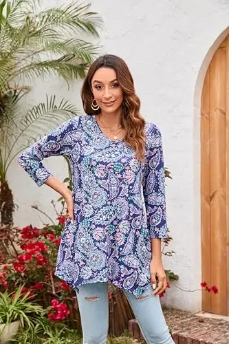 ENMAIN Women's Tops Plus Size Tunic Tops 3/4 Sleeve Flare Hem Paisley Print Loose Fit Casual Blouse to Wear with Leggings - 3