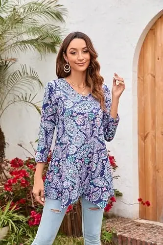 ENMAIN Women's Tops Plus Size Tunic Tops 3/4 Sleeve Flare Hem Paisley Print Loose Fit Casual Blouse to Wear with Leggings - 5
