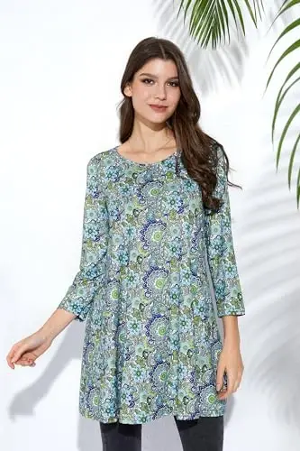ENMAIN Women's Tops Plus Size Tunic Tops 3/4 Sleeve Flare Hem Paisley Print Loose Fit Casual Blouse to Wear with Leggings - 3