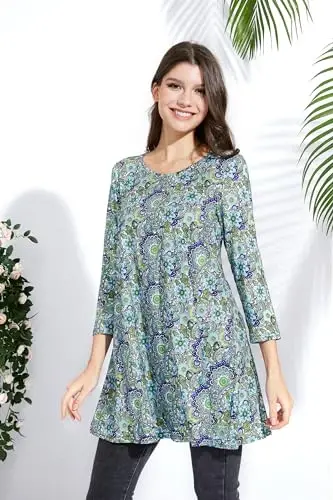 ENMAIN Women's Tops Plus Size Tunic Tops 3/4 Sleeve Flare Hem Paisley Print Loose Fit Casual Blouse to Wear with Leggings - 5
