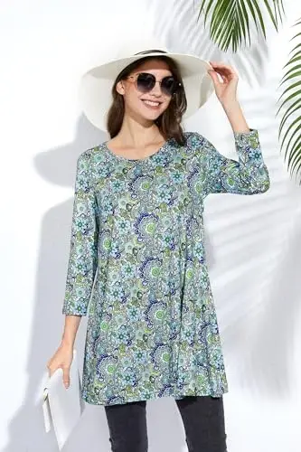 ENMAIN Women's Tops Plus Size Tunic Tops 3/4 Sleeve Flare Hem Paisley Print Loose Fit Casual Blouse to Wear with Leggings - 6
