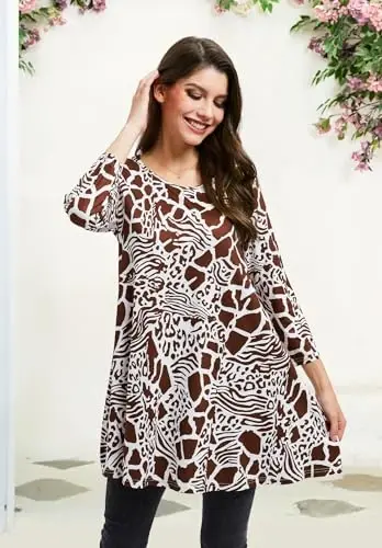 ENMAIN Women's Tops Plus Size Tunic Tops 3/4 Sleeve Flare Hem Paisley Print Loose Fit Casual Blouse to Wear with Leggings - 5