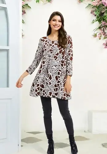 ENMAIN Women's Tops Plus Size Tunic Tops 3/4 Sleeve Flare Hem Paisley Print Loose Fit Casual Blouse to Wear with Leggings - 6