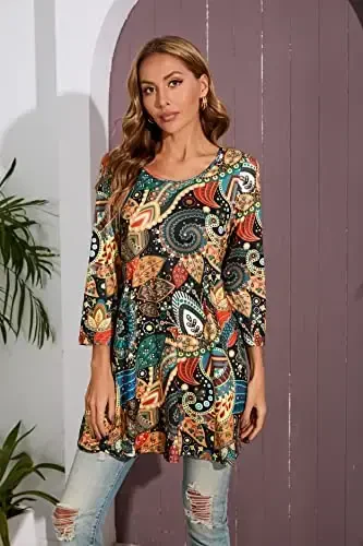 ENMAIN Womens Tunic Tops 3/4 Sleeve Plus Size Loose Fit Tunics Dressy Casual Paisley Floral Swing Flare Top for Leggings - 3