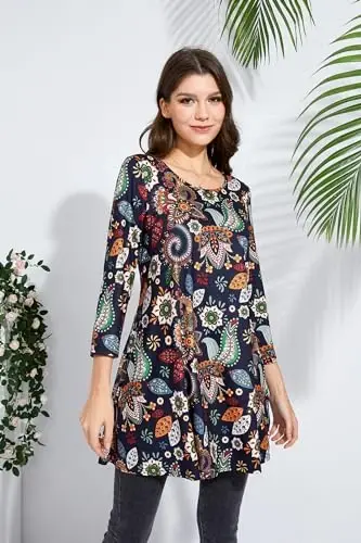 ENMAIN Womens Tops 3/4 Sleeve Plus Size Tunics to Wear with Leggings Dressy Casual Loose Blouses Swing Flare T-Shirt S-5XL - 3