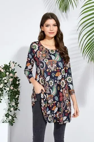 ENMAIN Womens Tops 3/4 Sleeve Plus Size Tunics to Wear with Leggings Dressy Casual Loose Blouses Swing Flare T-Shirt S-5XL - 4