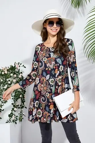 ENMAIN Womens Tops 3/4 Sleeve Plus Size Tunics to Wear with Leggings Dressy Casual Loose Blouses Swing Flare T-Shirt S-5XL - 6