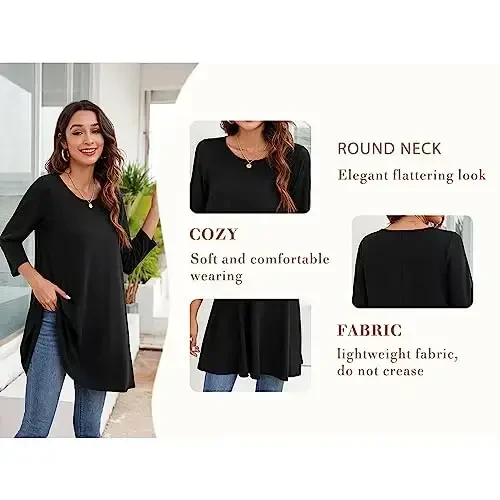 ENMAIN Womens Tunic Tops 3/4 Sleeve Plus Size Loose Fit Tunics Dressy Casual Paisley Floral Swing Flare Top for Leggings - 6