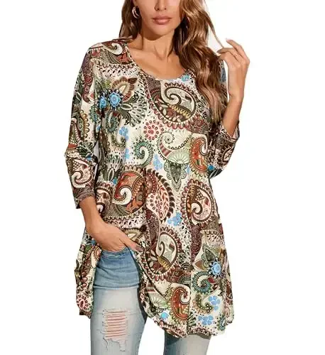 ENMAIN Womens Tunic Tops 3/4 Sleeve Plus Size Loose Fit Tunics Dressy Casual Paisley Floral Swing Flare Top for Leggings - ENMAIN