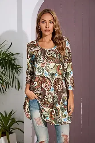 ENMAIN Womens Tunic Tops 3/4 Sleeve Plus Size Loose Fit Tunics Dressy Casual Paisley Floral Swing Flare Top for Leggings - 3