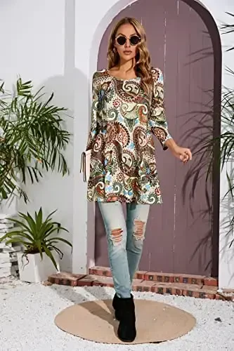 ENMAIN Womens Tunic Tops 3/4 Sleeve Plus Size Loose Fit Tunics Dressy Casual Paisley Floral Swing Flare Top for Leggings - 5