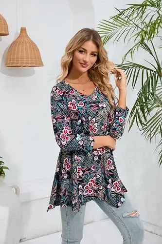 ENMAIN Womens Tunics Tops 3/4 Length Sleeve Plus Size Long Tops to Wear with Leggings Casual Loose Fit Dressy Flowy Blouses - 6