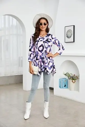 ENMAIN Womens Tunics Tops 3/4 Length Sleeve Plus Size Long Tops to Wear with Leggings Casual Loose Fit Dressy Flowy Blouses - 3