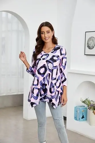 ENMAIN Womens Tunics Tops 3/4 Length Sleeve Plus Size Long Tops to Wear with Leggings Casual Loose Fit Dressy Flowy Blouses - 4