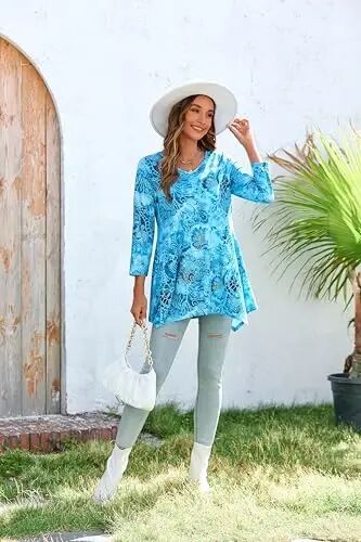 ENMAIN Womens Tunics Tops 3/4 Length Sleeve Plus Size Long Tops to Wear with Leggings Casual Loose Fit Dressy Flowy Blouses - 12