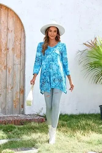 ENMAIN Womens Tunics Tops 3/4 Length Sleeve Plus Size Long Tops to Wear with Leggings Casual Loose Fit Dressy Flowy Blouses - 4