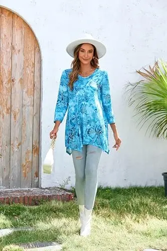 ENMAIN Womens Tunics Tops 3/4 Length Sleeve Plus Size Long Tops to Wear with Leggings Casual Loose Fit Dressy Flowy Blouses - 4