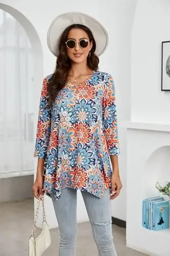 ENMAIN Womens Tunics Tops 3/4 Length Sleeve Plus Size Long Tops to Wear with Leggings Casual Loose Fit Dressy Flowy Blouses - 13