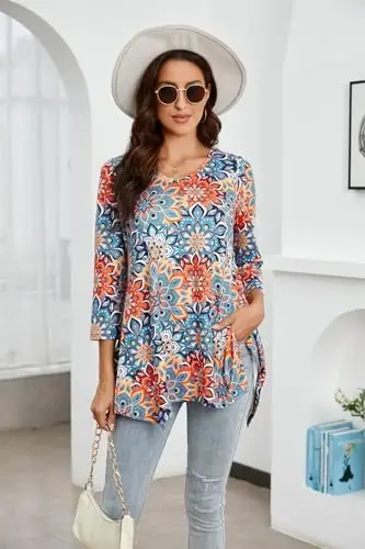 ENMAIN Womens Tunics Tops 3/4 Length Sleeve Plus Size Long Tops to Wear with Leggings Casual Loose Fit Dressy Flowy Blouses - 8