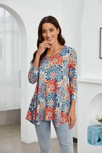 ENMAIN Womens Tunics Tops 3/4 Length Sleeve Plus Size Long Tops to Wear with Leggings Casual Loose Fit Dressy Flowy Blouses - 9