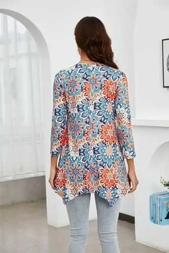 ENMAIN Womens Tunics Tops 3/4 Length Sleeve Plus Size Long Tops to Wear with Leggings Casual Loose Fit Dressy Flowy Blouses - 5
