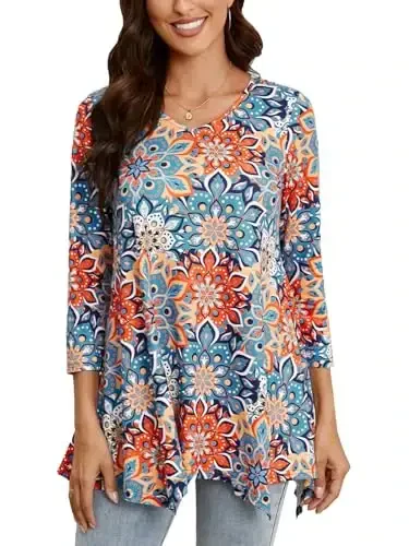 ENMAIN Womens Tunics Tops 3/4 Length Sleeve Plus Size Long Tops to Wear with Leggings Casual Loose Fit Dressy Flowy Blouses - MODAZONE