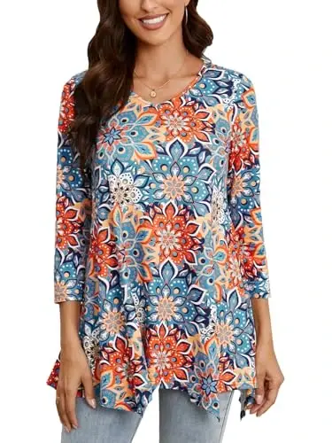 ENMAIN Womens Tunics Tops 3/4 Length Sleeve Plus Size Long Tops to Wear with Leggings Casual Loose Fit Dressy Flowy Blouses - 1