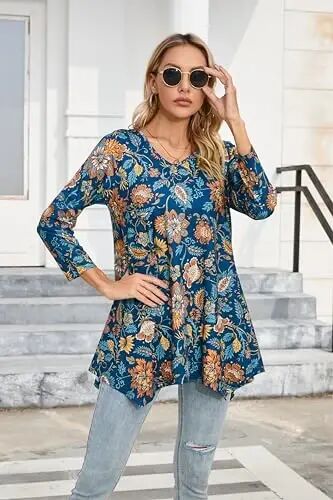 ENMAIN Womens Tunics Tops 3/4 Length Sleeve Plus Size Long Tops to Wear with Leggings Casual Loose Fit Dressy Flowy Blouses - ENMAIN (1)