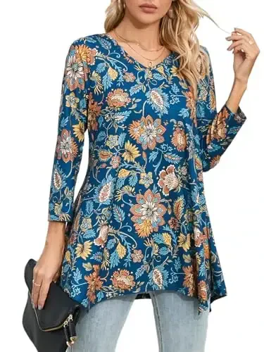 ENMAIN Womens Tunics Tops 3/4 Length Sleeve Plus Size Long Tops to Wear with Leggings Casual Loose Fit Dressy Flowy Blouses 