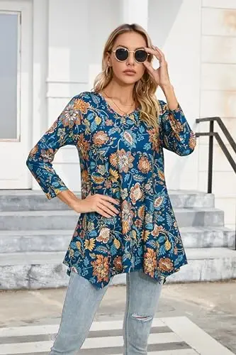 ENMAIN Womens Tunics Tops 3/4 Length Sleeve Plus Size Long Tops to Wear with Leggings Casual Loose Fit Dressy Flowy Blouses - 2