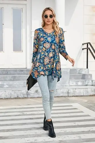 ENMAIN Womens Tunics Tops 3/4 Length Sleeve Plus Size Long Tops to Wear with Leggings Casual Loose Fit Dressy Flowy Blouses - 4