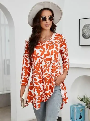 ENMAIN Womens Tunics Tops 3/4 Length Sleeve Plus Size Long Tops to Wear with Leggings Casual Loose Fit Dressy Flowy Blouses - 2