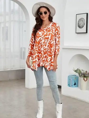 ENMAIN Womens Tunics Tops 3/4 Length Sleeve Plus Size Long Tops to Wear with Leggings Casual Loose Fit Dressy Flowy Blouses - 6