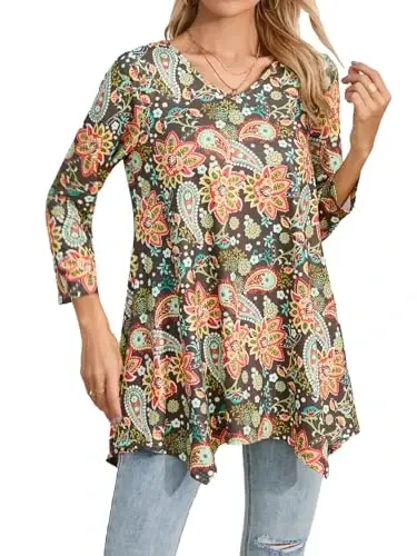 ENMAIN Womens Tunics Tops 3/4 Length Sleeve Plus Size Long Tops to Wear with Leggings Casual Loose Fit Dressy Flowy Blouses - 1