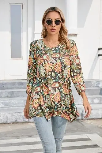 ENMAIN Womens Tunics Tops 3/4 Length Sleeve Plus Size Long Tops to Wear with Leggings Casual Loose Fit Dressy Flowy Blouses - 2