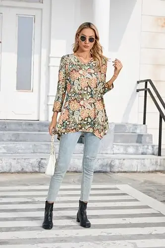 ENMAIN Womens Tunics Tops 3/4 Length Sleeve Plus Size Long Tops to Wear with Leggings Casual Loose Fit Dressy Flowy Blouses - 4