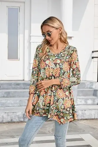 ENMAIN Womens Tunics Tops 3/4 Length Sleeve Plus Size Long Tops to Wear with Leggings Casual Loose Fit Dressy Flowy Blouses - 6
