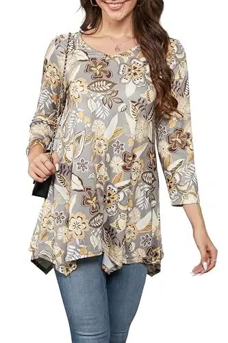 ENMAIN Womens Tunics Tops 3/4 Length Sleeve Plus Size Long Tops to Wear with Leggings Casual Loose Fit Dressy Flowy Blouses - 8