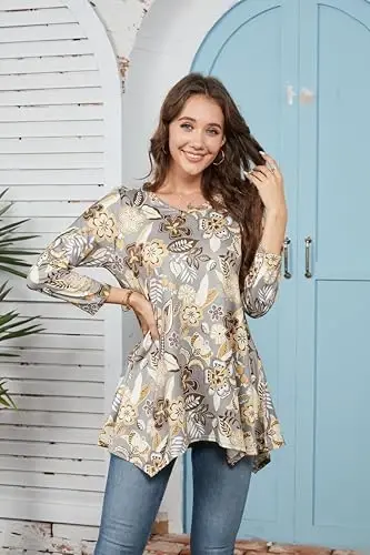 ENMAIN Womens Tunics Tops 3/4 Length Sleeve Plus Size Long Tops to Wear with Leggings Casual Loose Fit Dressy Flowy Blouses - 3