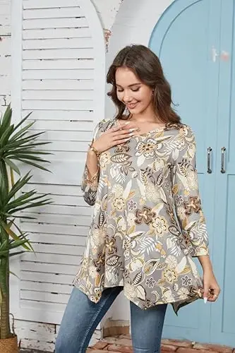 ENMAIN Womens Tunics Tops 3/4 Length Sleeve Plus Size Long Tops to Wear with Leggings Casual Loose Fit Dressy Flowy Blouses - 4