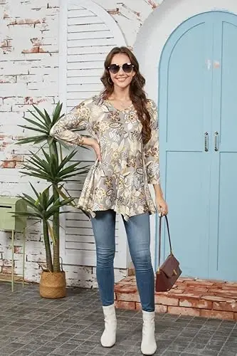 ENMAIN Womens Tunics Tops 3/4 Length Sleeve Plus Size Long Tops to Wear with Leggings Casual Loose Fit Dressy Flowy Blouses - 7