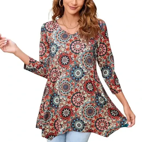 ENMAIN Womens Tunics Tops 3/4 Length Sleeve Plus Size Long Tops to Wear with Leggings Casual Loose Fit Dressy Flowy Blouses - 1