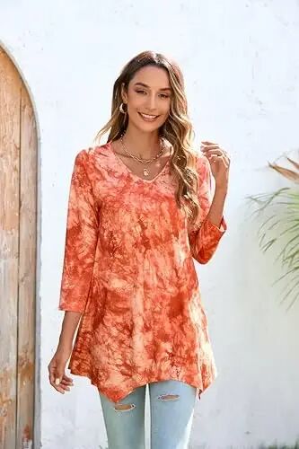 ENMAIN Womens Tunics Tops 3/4 Length Sleeve Plus Size Long Tops to Wear with Leggings Casual Loose Fit Dressy Flowy Blouses - 9