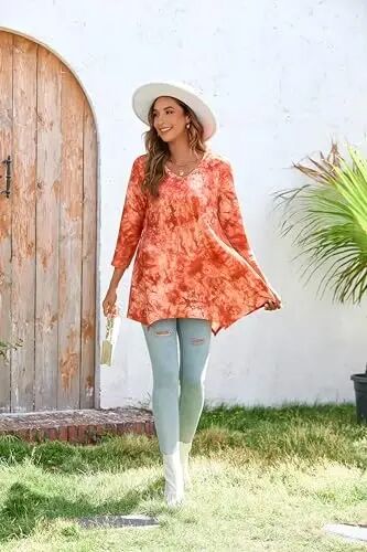 ENMAIN Womens Tunics Tops 3/4 Length Sleeve Plus Size Long Tops to Wear with Leggings Casual Loose Fit Dressy Flowy Blouses - 12