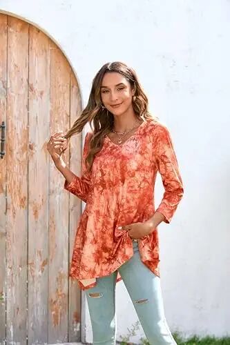 ENMAIN Womens Tunics Tops 3/4 Length Sleeve Plus Size Long Tops to Wear with Leggings Casual Loose Fit Dressy Flowy Blouses - 3
