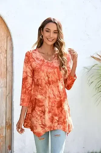 ENMAIN Womens Tunics Tops 3/4 Length Sleeve Plus Size Long Tops to Wear with Leggings Casual Loose Fit Dressy Flowy Blouses - MODAZONE (1)