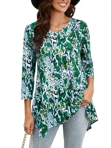 ENMAIN Womens Tunics Tops 3/4 Length Sleeve Plus Size Long Tops to Wear with Leggings Casual Loose Fit Dressy Flowy Blouses - MODAZONE