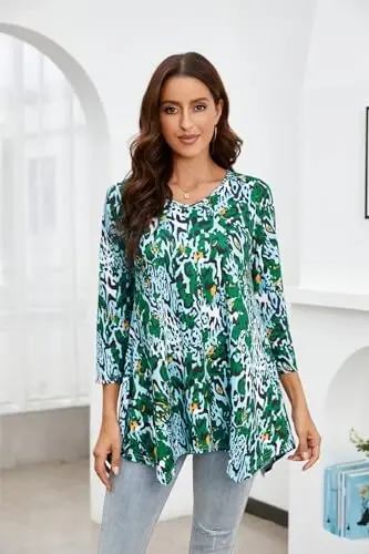ENMAIN Womens Tunics Tops 3/4 Length Sleeve Plus Size Long Tops to Wear with Leggings Casual Loose Fit Dressy Flowy Blouses - 3